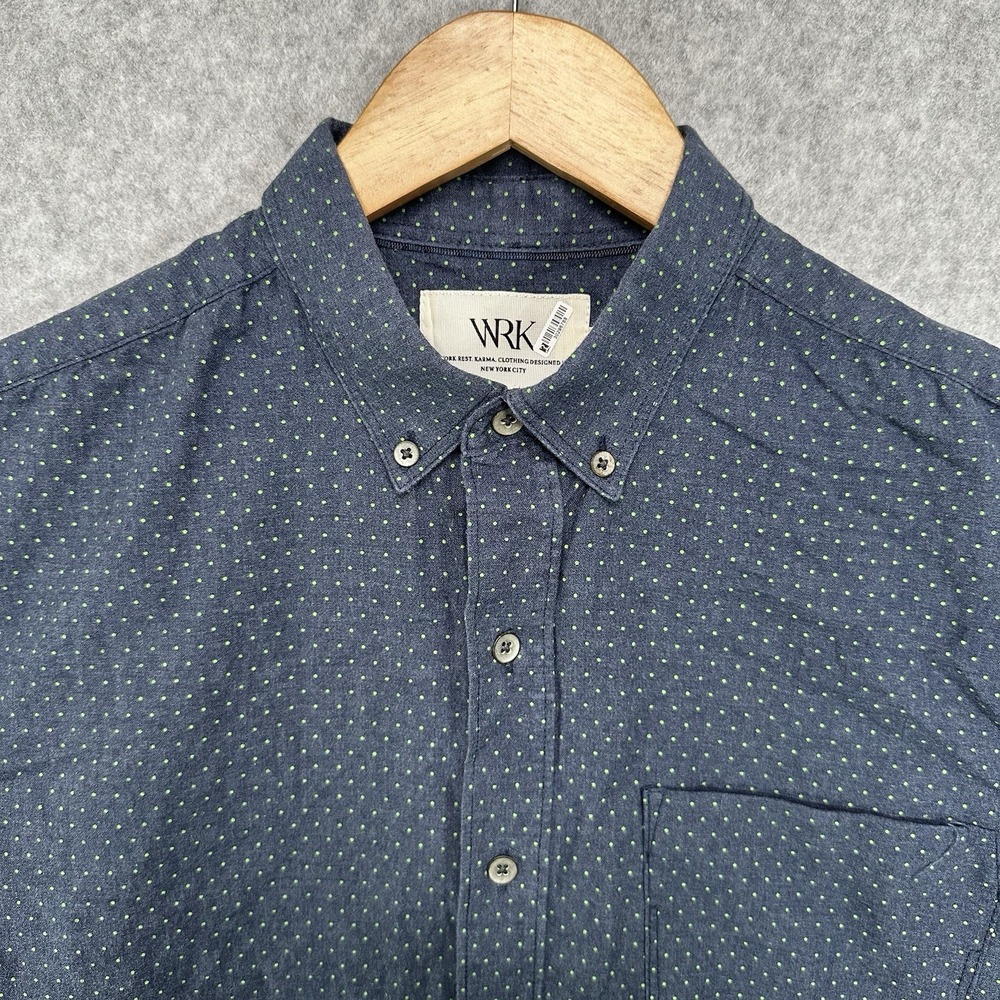 WRK Shirt Men's The Reworked‎ Shirt L Blue Green Dots Button Up Short Sleeve S